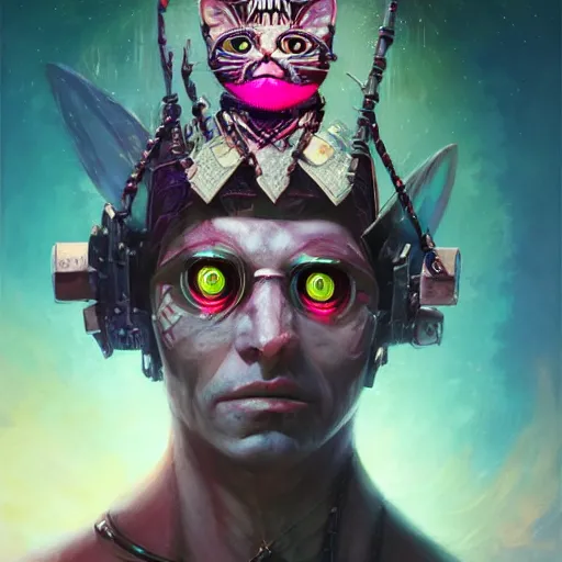 Image similar to portrait of a synthwave chieftain - cat with aztec - headdress and big glowing cyber eyes by peter mohrbacher and emmanuel shiu and martin johnson heade and bastien lecouffe - deharme, rim light photography