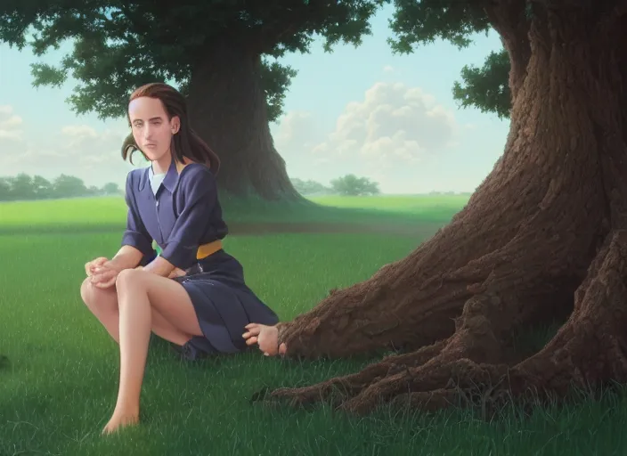 Prompt: close up view of a school girl in front of a tree looking like Natalie portman, highly detailed oil painting, render, rhads, Bruce Pennington, Studio Ghibli, tim hildebrandt, digital art, octane render, beautiful composition, trending on artstation, award-winning photograph, masterpiece,8k, high quality sharp anime classic anime from 2010 in style of Hayao Miyazaki