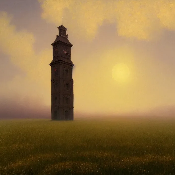 Image similar to a beautiful painting of a clock tower in a field of golden wheat by ivan aivazovsky and zdzisław beksinski and rene magritte and greg rutkowski and james gurney, in style of digital art. hyper detailed. octane render. maya. trending on artstation