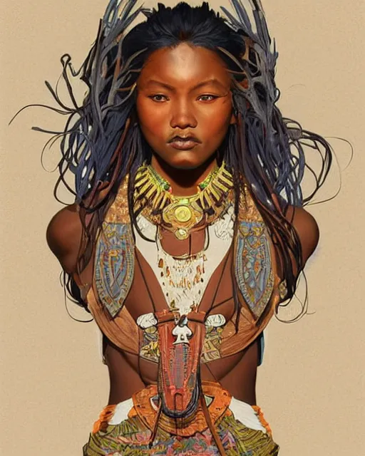 Image similar to colourful upper half portrait of dark - skinned tribal warrior - art by tenmyouya hisashi, hsiao - ron cheng & alphonse mucha, highly detailed, digital painting, illustration, smooth, sharp focus, intricate, symmetry, pinterest, behance, artstation