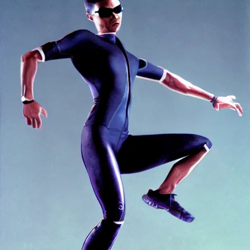 Image similar to Trinity the matrix, running as a sprinter athletic attire with cyborg legs, diesel punk, athletic footage, 1980's, olympics, cinematic, art deco