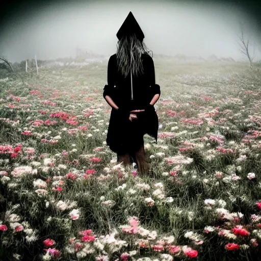 Image similar to a witch in the middle of a gloomy foggy field of wilted flowers. grungy edgy album cover art. 2000s alternative rock