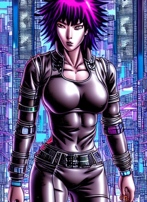 Image similar to motoko kusanagi in grungy cyberpunk megacity, intricate and finely detailed, cyberpunk vaporwave, portrait by j scott campbell