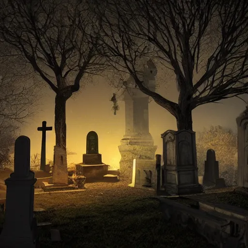 Image similar to ghosts in an old church yard cemetery, night time low light, spooky and scary atmosphere, artstation flames from church windows,