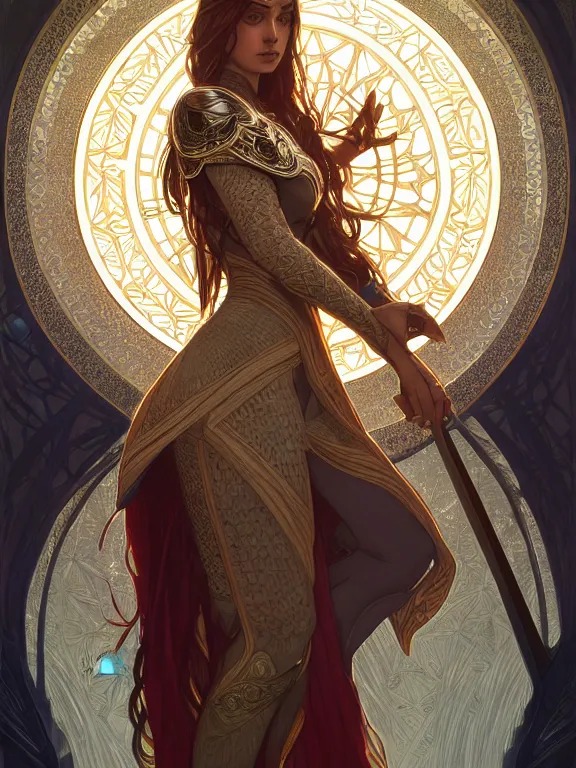 Prompt: symmetry!! intense fanart of a evve as a mage warrior as acotar protagonist, magic background, intricate, elegant, highly detailed, my rendition, digital painting, artstation, concept art, smooth, sharp focus, illustration, art by artgerm and greg rutkowski and alphonse mucha