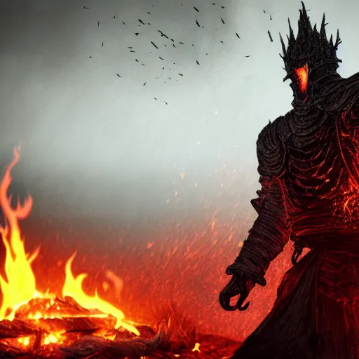 Prompt: soul of cinder boss from dark souls 3 standing in middle of a street, looking at a camp fire, evening time, heavy rain, rain water reflections in ground, digital illustration, crisp details, highly detailed art, 8k image quality, full body camera shot