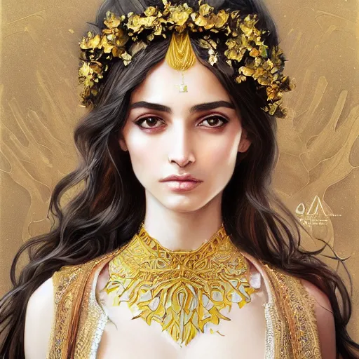 Image similar to Portrait of a Arabic Supermodel wearing a floral crown, porcelain skin, angry look, long dark hair, beautiful bone structure, shiny gold background, intricate, elegant, highly detailed, digital painting, artstation, concept art, smooth, sharp focus, illustration, art by artgerm and greg rutkowski and alphonse mucha