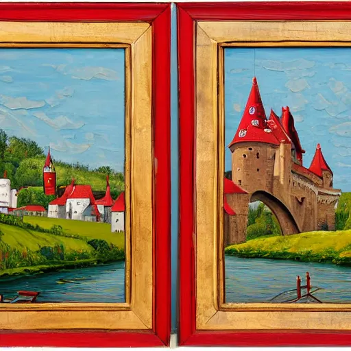 Prompt: a painting of a castle with a red roof, banners flying from the turrets, a green countryside and a stone arch bridge over it, diptych, traditional folk art painting on wood, traditional narrowboat painting on wooden panels