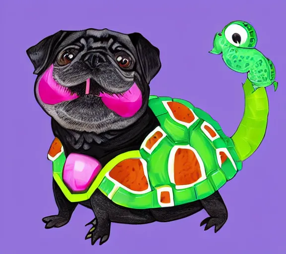 Image similar to a cute black pug wearing a cute turtle outfit, digital art, colourful