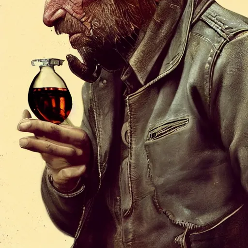 Prompt: a highly detailed epic cinematic concept art CG render digital painting artwork costume design: Humphrey Bogart, scruffy beard, old scars on the face, unkempt long hair, grizzled, tired, in an old 1950s leather jacket, with a bottle of whisky in hand. By Greg Rutkowski, Ilya Kuvshinov, WLOP, Stanley Artgerm Lau, Ruan Jia and Fenghua Zhong, trending on ArtStation, made in Maya, Blender and Photoshop, octane render, excellent composition, cinematic atmosphere, dynamic dramatic cinematic lighting, aesthetic, very inspirational, arthouse