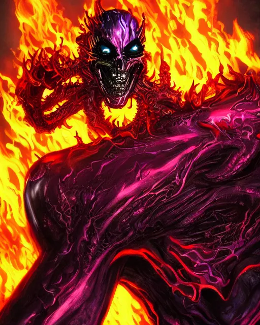 Image similar to ghost rider symbiote, purple and red variant, dynamic lighting, fantasy concept art, trending on art station, stunning visuals, creative, cinematic, ultra detailed, comic strip style