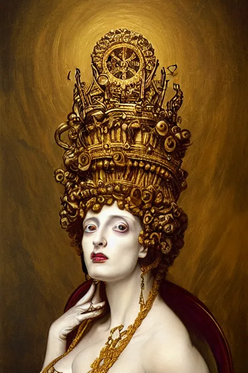 Prompt: hyper realistic painting portrait of the queen of punk, occult diagram, elaborate details, detailed face, golden ratio, rococo, classical, gothic, intrincate ornaments, gold decoration, caligraphy, occult art, illuminated manuscript, oil painting, art noveau, in the style of roberto ferri, gustav moreau, jean delville, bussiere, andrew gonzalez