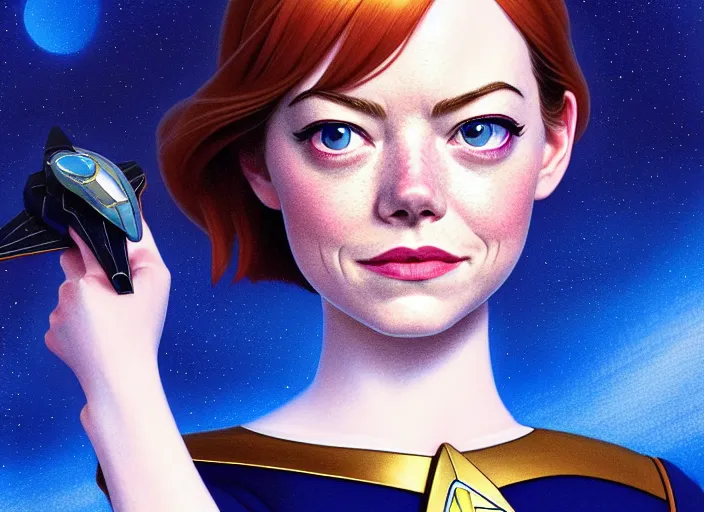 Image similar to a disney film still of emma stone as a star trek officer, finely detailed features, closeup of the face, perfect art, dusk, blue hour, gapmoe yandere grimdark, trending on pixiv fanbox, painted by greg rutkowski, makoto shinkai, takashi takeuchi, alphonse mucha, akihiko yoshida