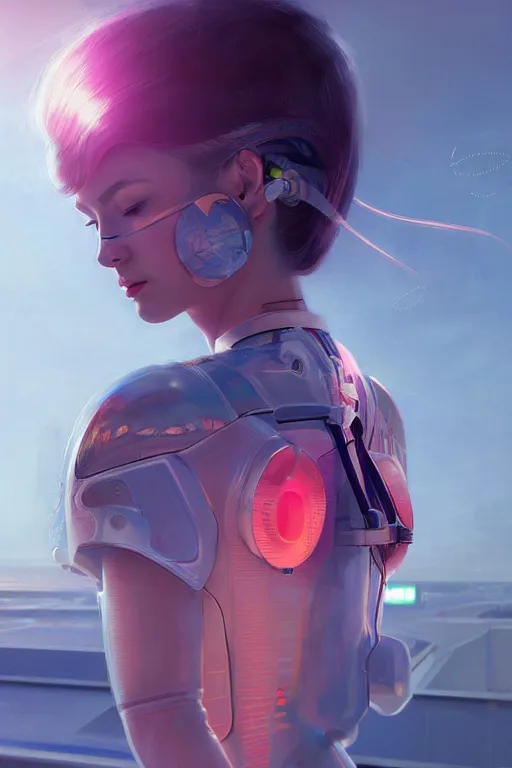 Image similar to portrait futuristic Airforce Girl, looking at the camera, in future airport rooftop , sci-fi, fantasy, intricate, very very beautiful, elegant, human anatomy, neon light, highly detailed, digital painting, artstation, concept art, smooth, sharp focus, illustration, art by tian zi and WLOP and alphonse mucha