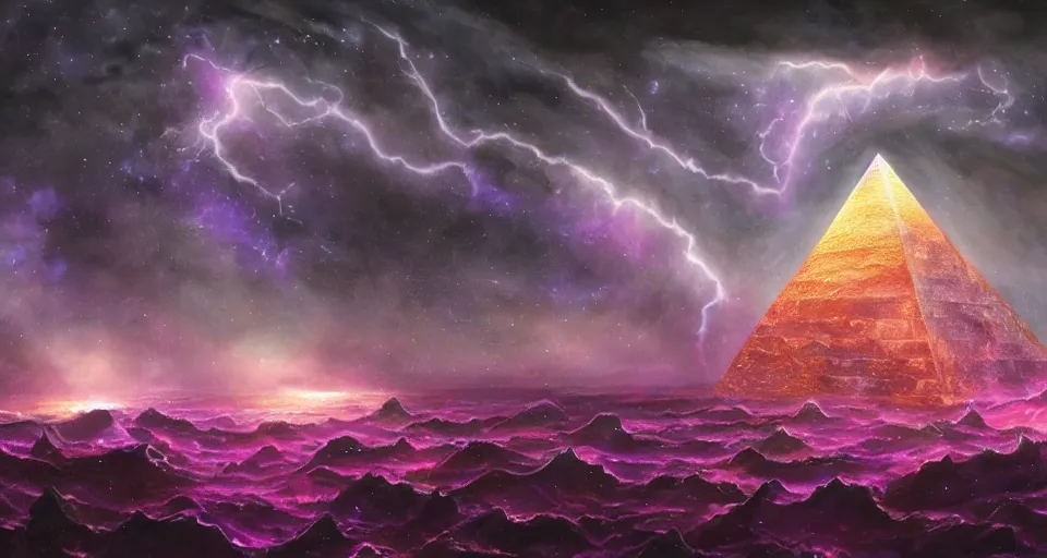 Prompt: black lovecraftian eldritch!! obsidian! pyramid!! surrounded by dark stormy sea, cosmic purple space!, bright stars, nebula, sky background by eugene von guerard, ivan shishkin, night, concept art, trending on artstation, 8 k