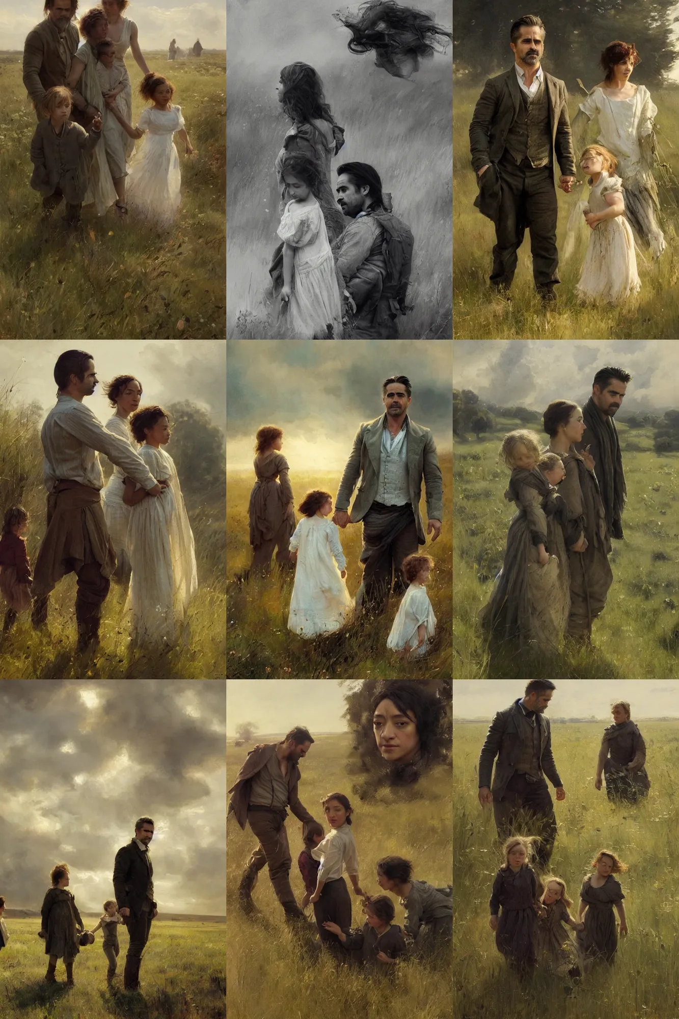 Prompt: family, colin farrell and ruth negga and kids in open fields, art by anders zorn, detailed faces, micro detail, wonderful masterpiece by greg rutkowski, beautiful cinematic light, american romanticism thomas lawrence, greg rutkowski