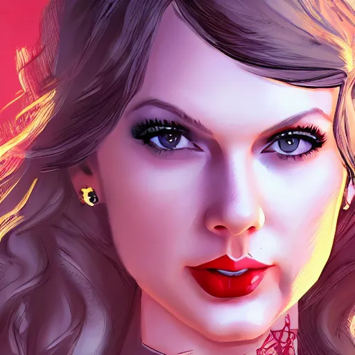 Image similar to taylor swift portrait, borderlands, tales from the borderlands, the wolf among us, comic, cinematic lighting, studio quality, 8 k