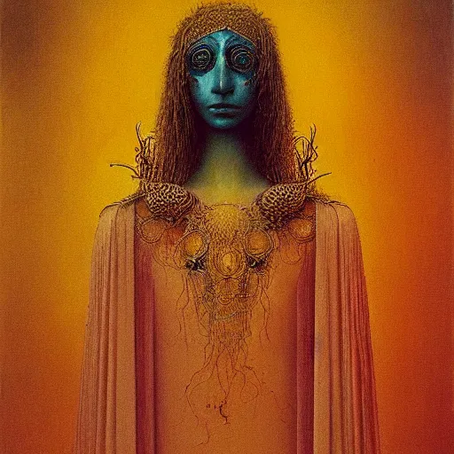 Prompt: portrait of ethereal young crow princess in golden armour by Beksinski