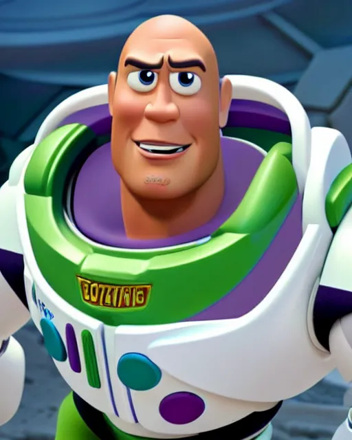 Image similar to Film still close-up shot of Dwayne Johnson as Buzz Lightyear in the movie Toy Story 3. Photographic, photography