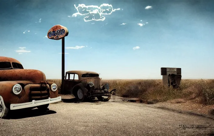 Image similar to A landscape with historical route66 with abandoned gas station and a single old rusty pickup-truck. the summer light dimly illuminates, diffuse light, octane render, lots of sparkling details and sun ray’s, blinding backlight, smoke, volumetric lighting, 35 mm, beautiful reflections, heavenly, softlight