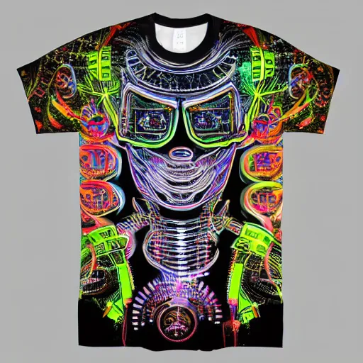 Prompt: mockup of a black tshirt with a hyperdetailed portrait of a steampunk robot by alex grey, 8 k, symetrical, flourescent colors, happy trippy mood, multicolored,