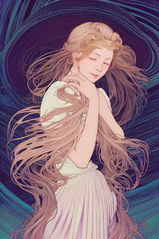 Image similar to beautiful portrait digital painting female holding white hair glowing, blush, pleated skirt, flowing hair, slim face, elegant, alphonse mucha, by yoichi hatakenaka, masamune shirow, josan gonzales and dan mumford, ayami kojima, takato yamamoto, barclay shaw, karol bak, yukito kishiro