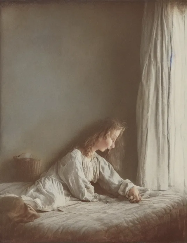 Image similar to peasant girl in a morning in country house sitting on a bed, cottage core, polaroid photo bleached vintage pastel colors high - key lighting, soft lights, foggy, by steve hanks, by lisa yuskavage, by serov valentin, by tarkovsky, detailed, oil on canvas