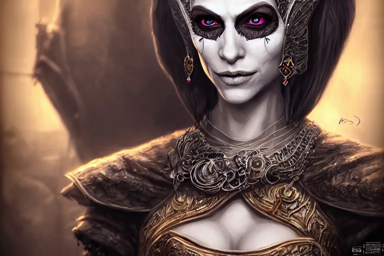 Image similar to a full portrait of a beautiful woman wearing, wearing extremely detailed attire, slim complexity, extremely detailed white eyes, medievil, dnd, extremely detailed, high quality, trending on artstation, photo realistic