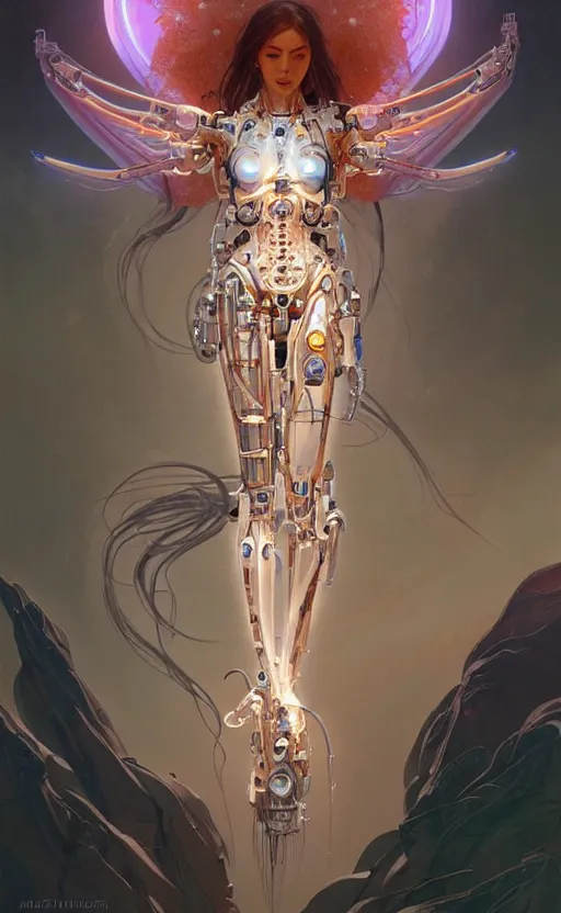 Image similar to Cyborg biomechanical jellyfish angel girl, sci-fi, highly detailed, digital painting, artstation, concept art, smooth, sharp focus, illustration, art by artgerm and greg rutkowski and alphonse mucha