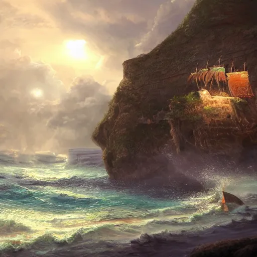 Image similar to photo of a spanish galleon in front of a jamaican shoreline cliff with a cave, atmospheric lighting, intricate, ultra detailed, well composed, best on artstation, cgsociety, epic, stunning, gorgeous, intricate detail, wow, masterpiece