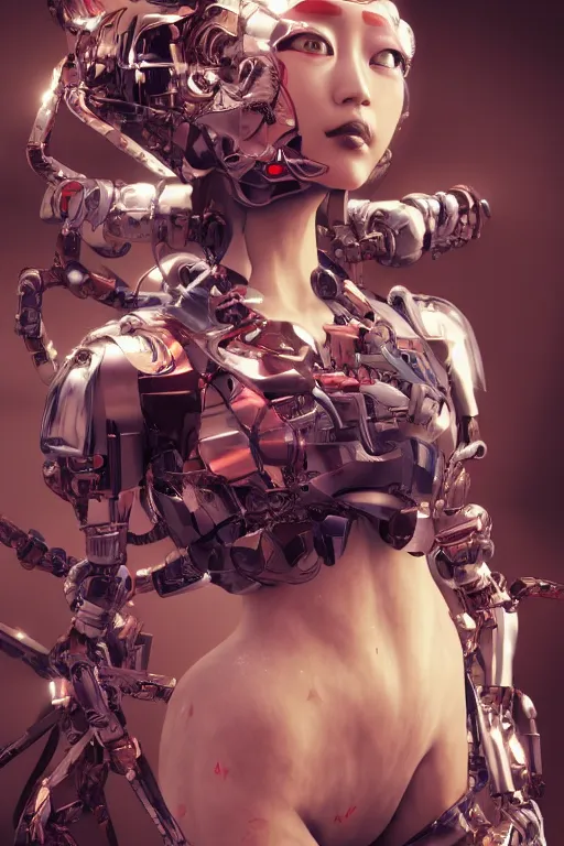 Prompt: japanese female cyborg, collage art, enchanting, part by james jean, part by ross tran, volumetric, dramatic lighting, highly detailed, 8 k, vibrant, trending on artstation, octane render