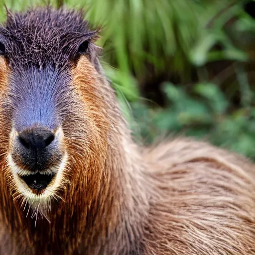 Image similar to a high detail photo of an antropomorphic capybara wearing a suit, subject= duck, subject detail: wearing a suit, photorealism