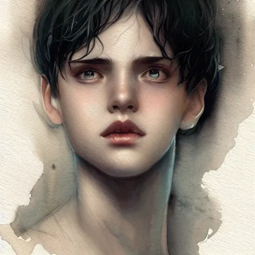 Prompt: young boy, black hair, gorgeous, amazing, delicate, elegant, intricate, highly detailed, watercolor, portrait, artstation, concept art, sharp focus, illustration, art by charlie bowater and Ross tran