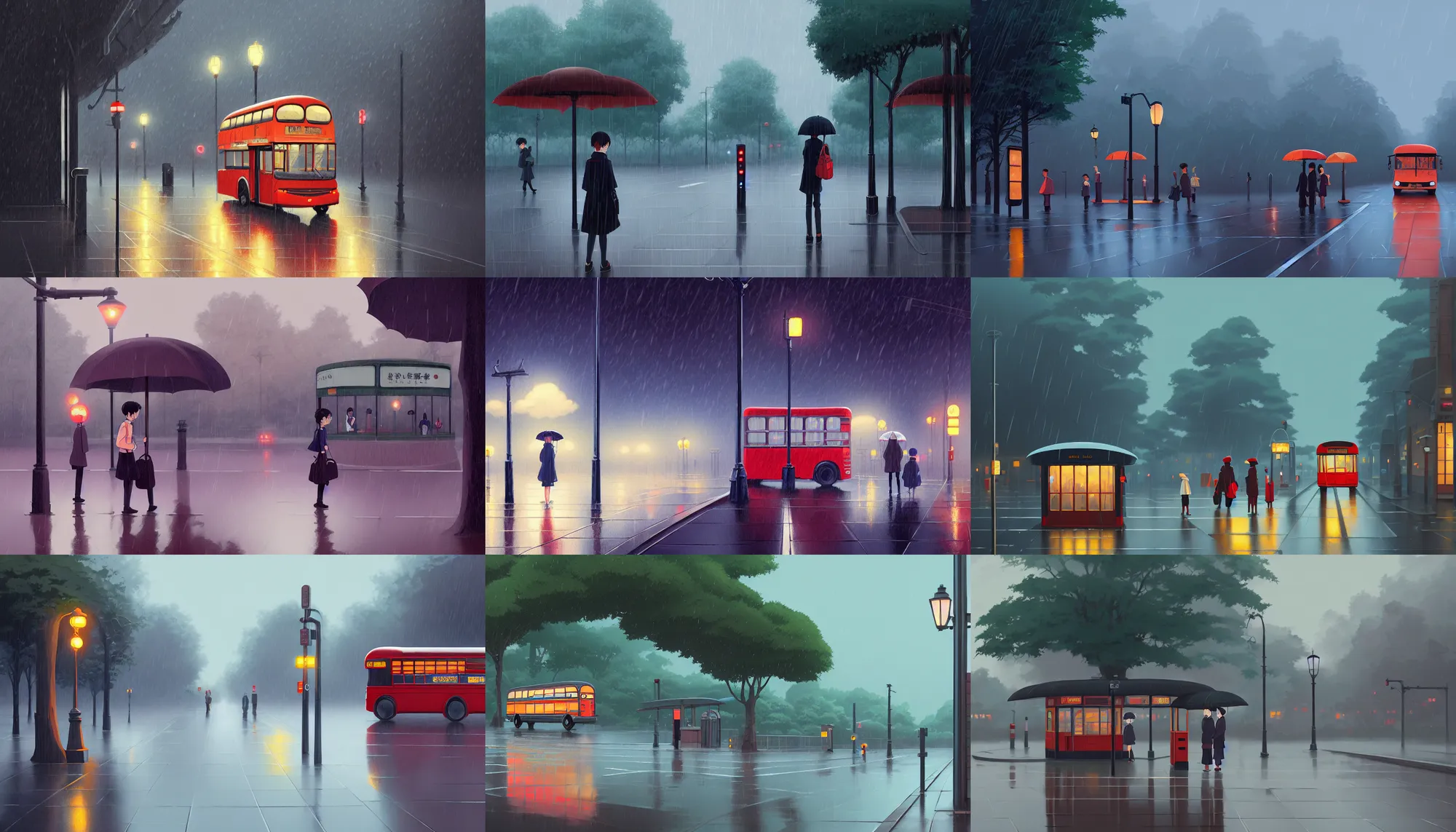 Prompt: bus stop on a rainy day, artstation, elegant, highly detailed, digital painting, concept art, smooth, sharp focus, illustration, art by studio ghibli, fujita goro, atey ghailan, tom whalen, jean giraud 8 k