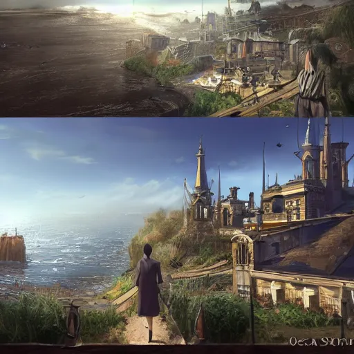 Image similar to concept art overlooking a large victorian town. The ocean is visible in the distance. Digital art, highly detailed.