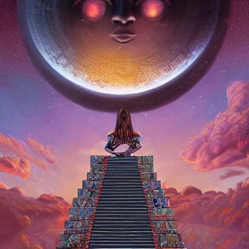 Image similar to aztec princess on top of a step pyramid during an eclipse, science fiction, highly detailed, digital painting, beautiful eyes, symmetry, concept art, sharp focus, volumetric lighting, illustration, global illumination, radiant light, synthwave colors, detailed and intricate environment, art by artgerm and greg rutkowski and magali villeneuve and ilya kuvshinov!