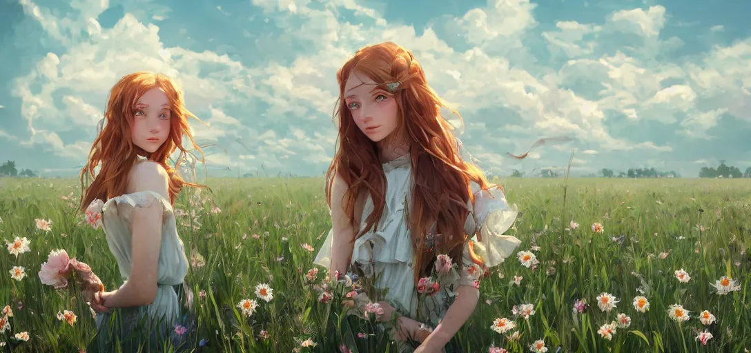 Prompt: a beautiful southern woman named Savannah, innocent, somber turquoise eyes, freckles, long ginger hair tied with white ribbon, relaxed in a field of flowers on a farm, gentle lighting, storm in the distance, western clothing, dress, digital art by Makoto Shinkai ilya kuvshinov and Wojtek Fus, digital art, concept art,