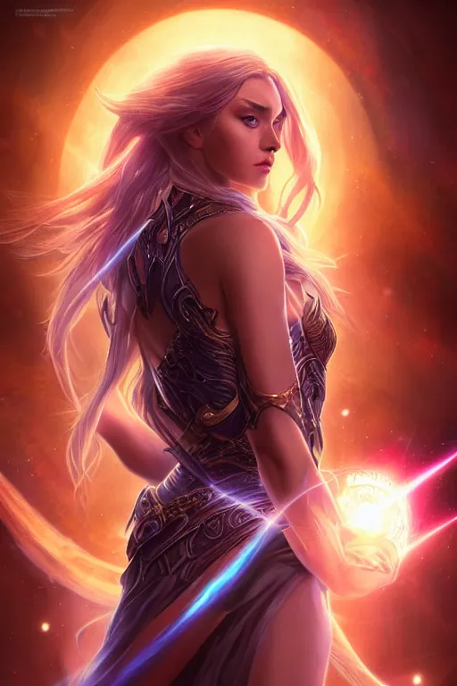 Image similar to beautiful cinematic fantasy poster, goddess of light and love, beautiful glowing galaxy eyes, hybrid from The Elden Ring and art direction by Darius Zawadzki ;by artgerm; wayne reynolds art station; cinematic quality character render; low angle; ultra high quality model; production quality cinema model;