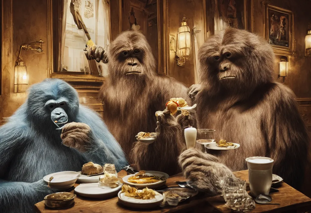 Image similar to accidentally wes anderson award - winning photograph of yeti and bigfoot eating lung in paris restaurant, accidental renaissance, golden ratio, fibonacci composition, 4 k, detailed, art by greg rutkowsky, trending on artstation, cinematic lighting, filmic grain, golden hour, detailed, 4 k