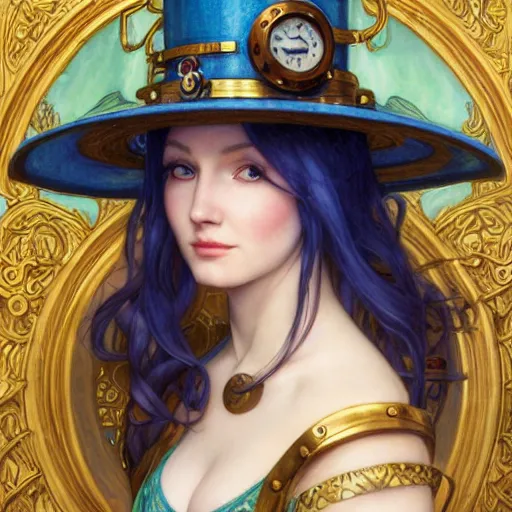 Prompt: Masterpiece head and shoulders portrait of Caitlyn from League of Legends of Arcane animated Series with blue long hair and cylinder hat with Steampunk armor drawn by Donato Giancola and Tom Bagshaw, Edmund Leighton, Alphonse Mucha, background by James Jean and Gustav Klimt, 4k, porcelain skin, volumetric lighting, komorebi, french nouveau, trending on artstation, octane render, hyperrealistic