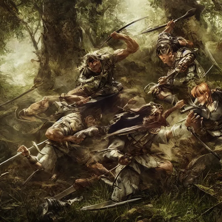 Prompt: 2 heroes fighting with swords in forest, while their armies are in the background, highly detailed, smooth, sharp focus, portrait, concept art, intricate details, fantasy poster, dark athmosphere, 8 k. lifelike. nikon d 8 5 0