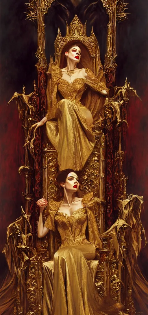 Prompt: full body portrait of beautiful vampire queen in gold gothic robes sitting on a throne of bones, elegant, highly detailed painting by gaston bussiere, craig mullins, j. c. leyendecker, 8 k, mid shot