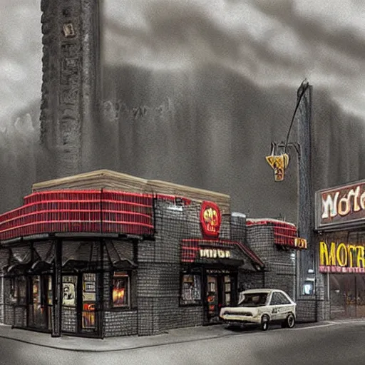 Image similar to a matte painting of a Waffle House inside of Mordor,