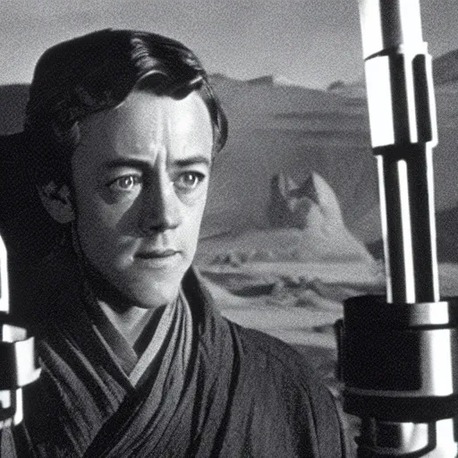 Image similar to film still of young alec guiness as a jedi in new star wars movie, dramatic lighting, highley detailled face, kodak film, wide angle shot, desert landscape