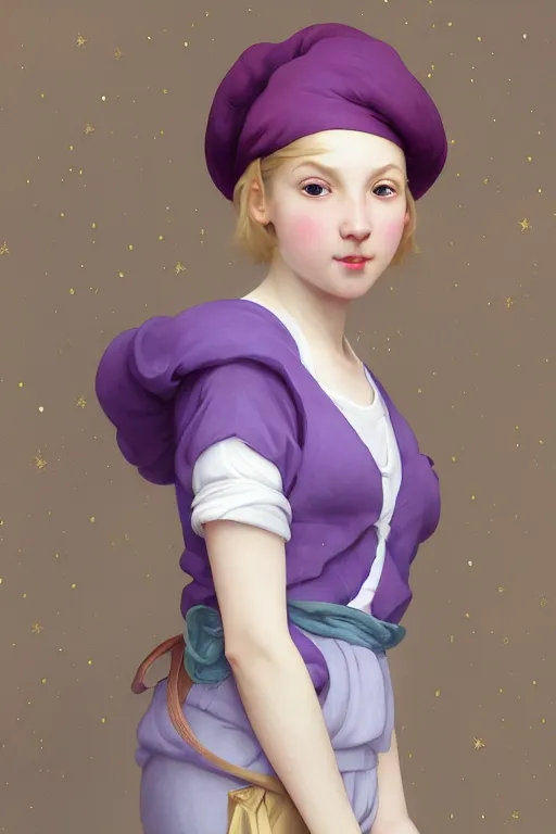 Image similar to Full View girl with short blond hair wearing an oversized purple Beret, Baggy Purple overall shorts, Short Puffy pants made of silk, silk shoes, a big billowy scarf, Golden Ribbon, and white leggings Covered in stars. Short Hair. masterpiece 4k digital illustration by Ruan Jia and Mandy Jurgens and Artgerm and william-adolphe bouguereau, award winning, Artstation, art nouveau aesthetic, Alphonse Mucha background, intricate details, realistic, panoramic view, Hyperdetailed, 8k resolution, intricate art nouveau