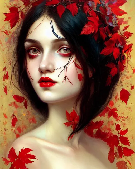 Prompt: highly detailed beautiful pale skin hippie, black hair, flying leaves on backround, symmetrical, red lips, paint by ilya repin and anna dittman trending on artstation, intricate details, energetic composition, golden ratio, concept art, illustration, elegant art