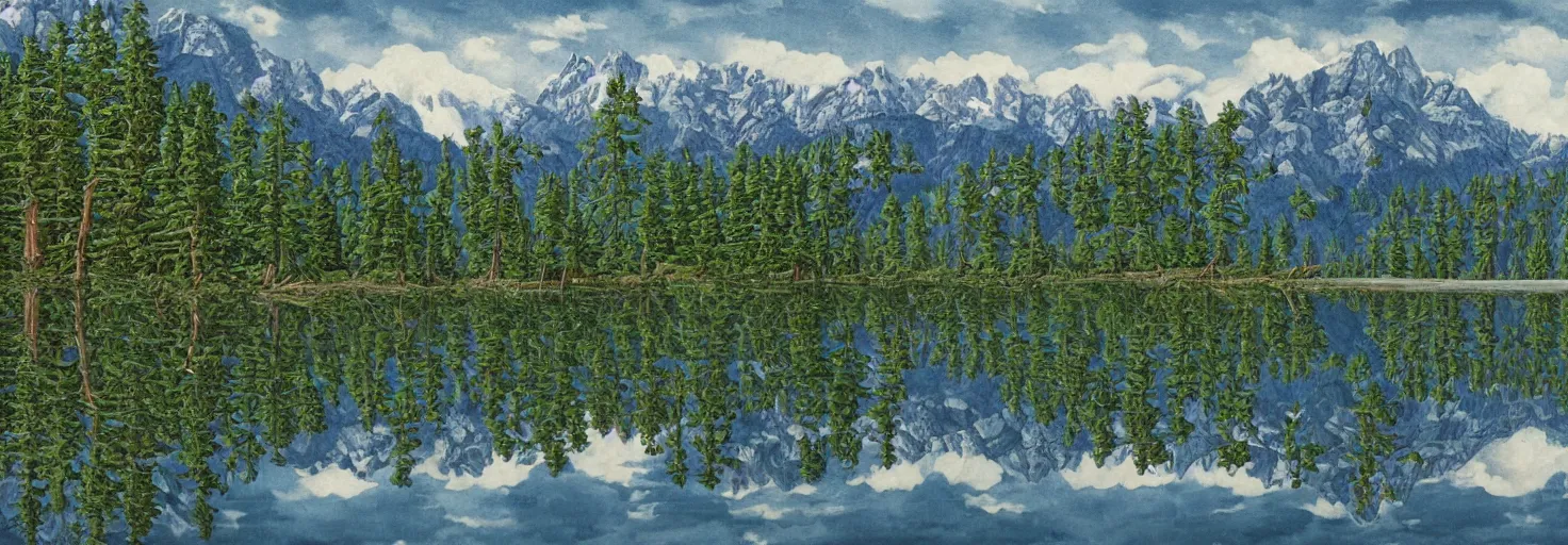 Image similar to escher painting of a lake, big trees reflecting on lake surface, mountains at background, snowy, ultra sharp, ultra detailed, colorized by salvador