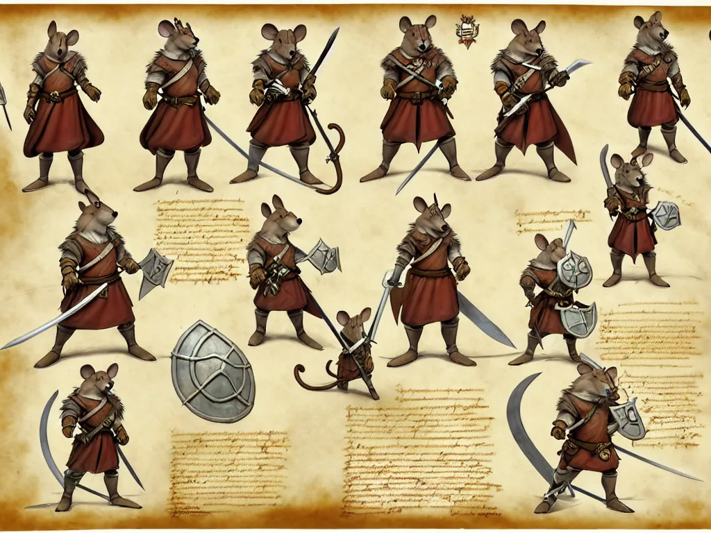 Image similar to character design sheet for a heroic mouse knight with sword and shield on a parchment background, redwall, greg rutowski and jean baptiste monge, very very detailed, epic fantasy concept art