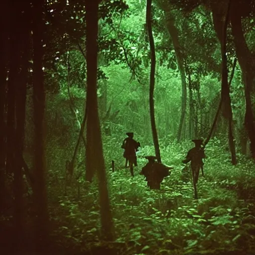 Image similar to Shadow creatures stalk through a forest, vietnam war photography