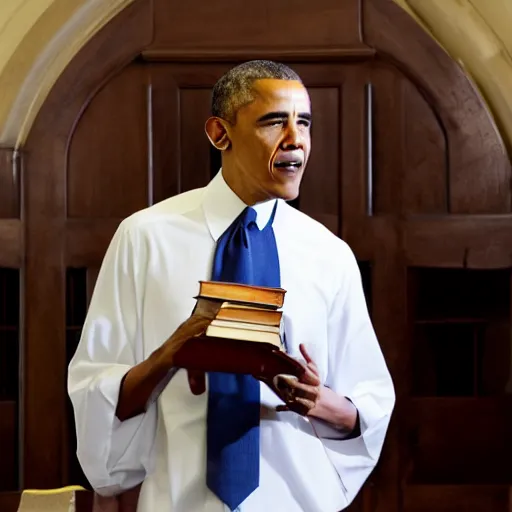 Prompt: barack obama in a priest's vestaments with a copy of the bible in hand